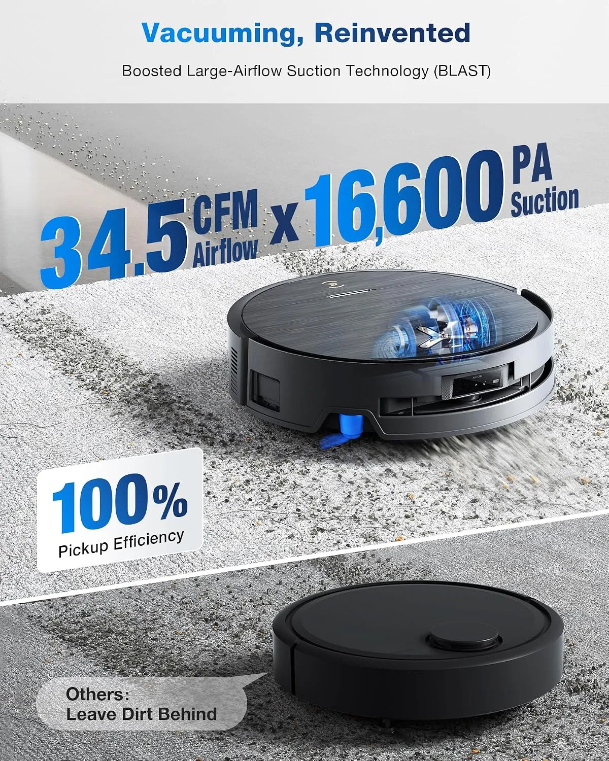 ECOVACS DEEBOT X9 PRO Omni Robot Vacuum and Mop infographic of the claimed 16,600 Pa suction, lifting debris from a rug