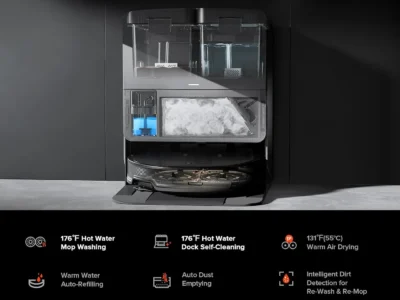 Roborock Saros 10R Multifunctional Dock 4.0 cutaway showing the water tanks, dust bag and detergent cartridge