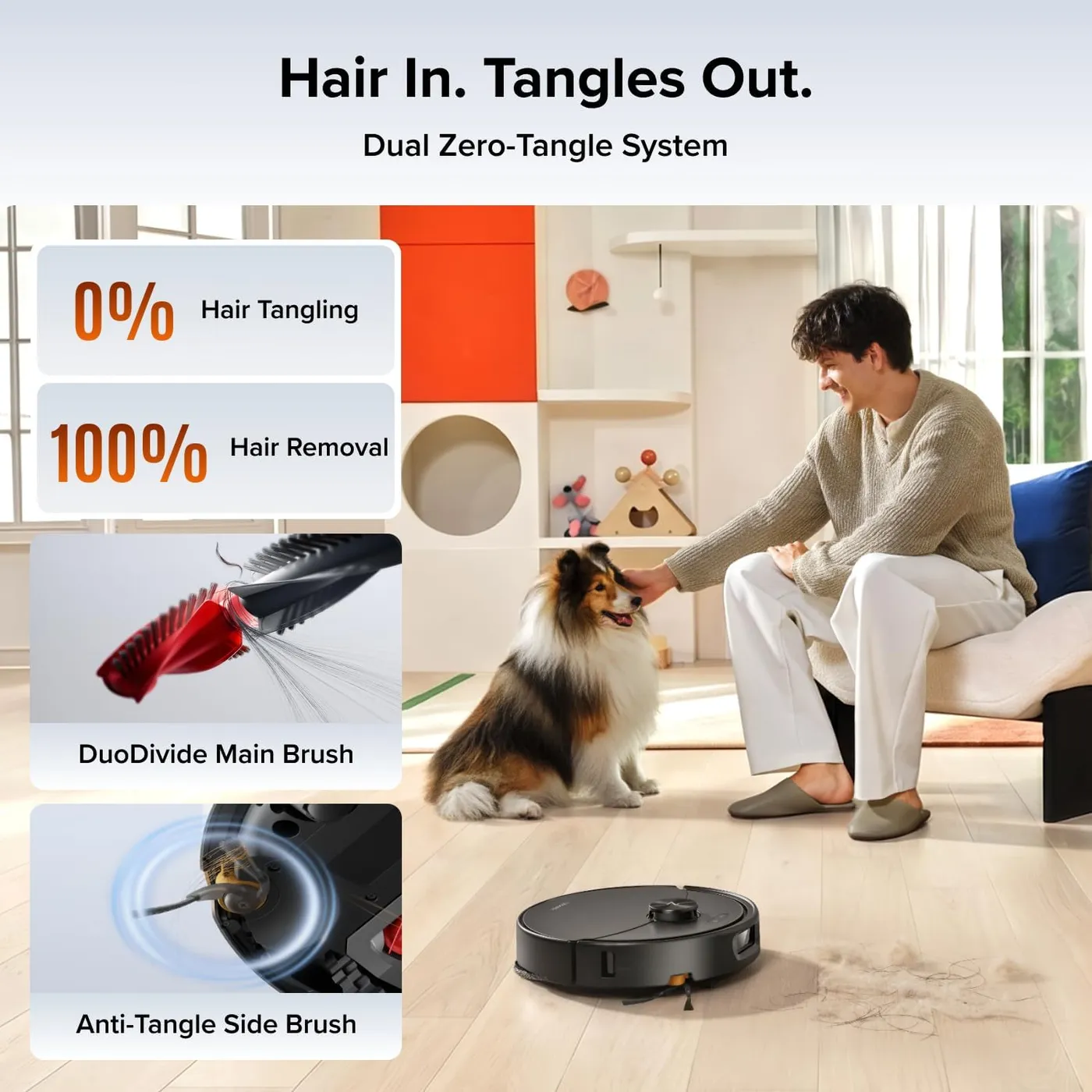 Roborock Qrevo 2 Pro robot vacuum on a wood floor near a man and a dog, infographic of the anti-tangle brush claims