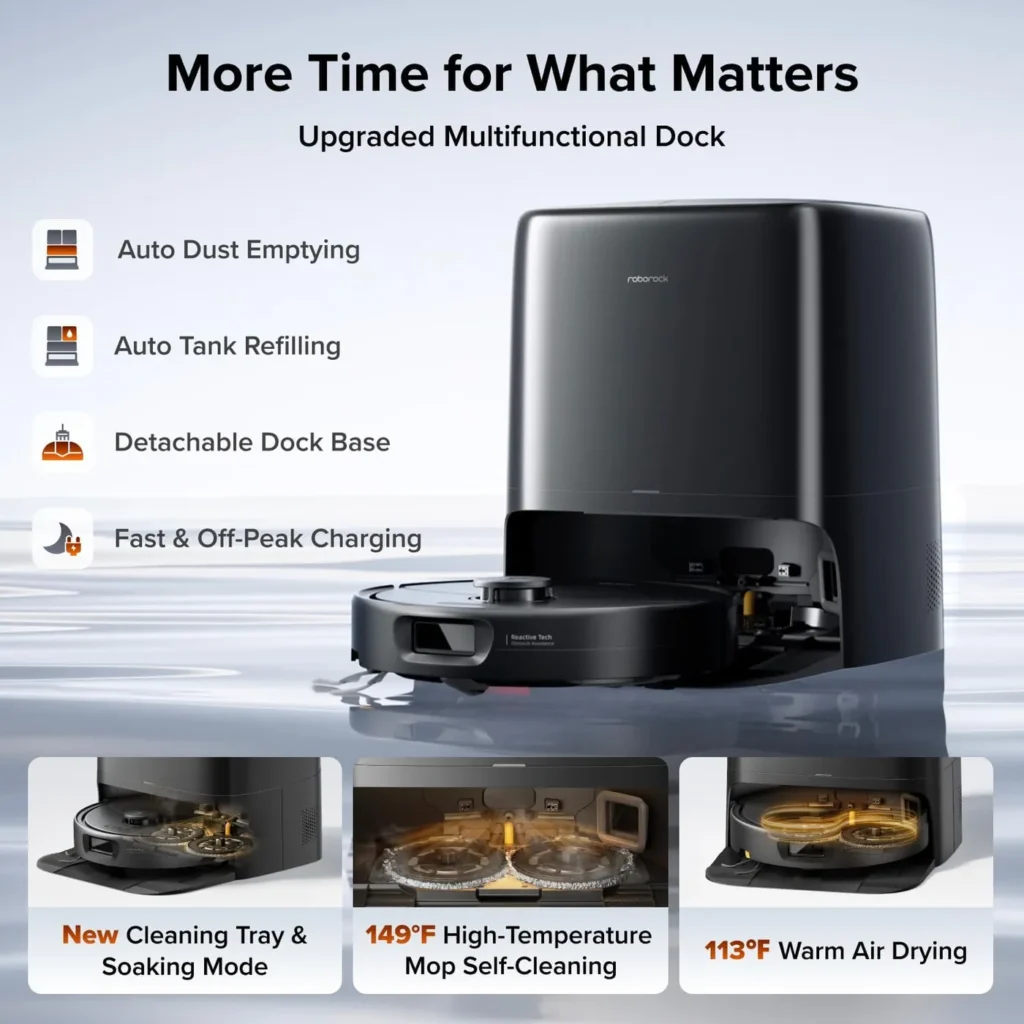 Roborock Qrevo 2 Pro robot vacuum in its dock, infographic of the dock claims: dust emptying, mop washing, warm-air drying