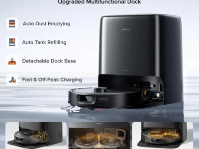 Roborock Qrevo 2 Pro robot vacuum in its dock, infographic of the dock claims: dust emptying, mop washing, warm-air drying