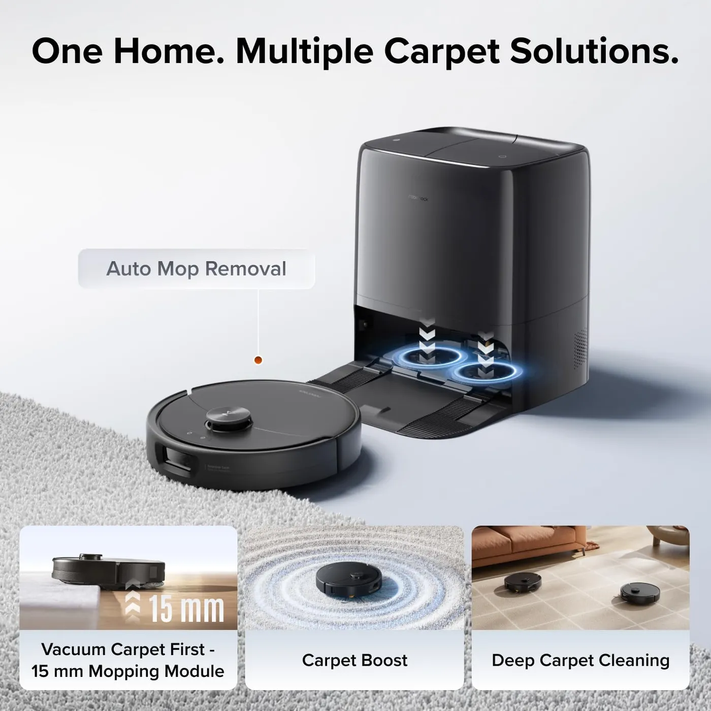 Roborock Qrevo 2 Pro robot vacuum leaving its dock onto a rug, infographic of the auto mop removal and carpet mode claims