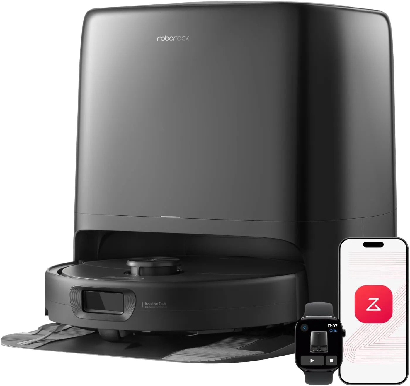 Roborock Qrevo 2 Pro robot vacuum seated in its black dock, shown with the phone app and a smartwatch