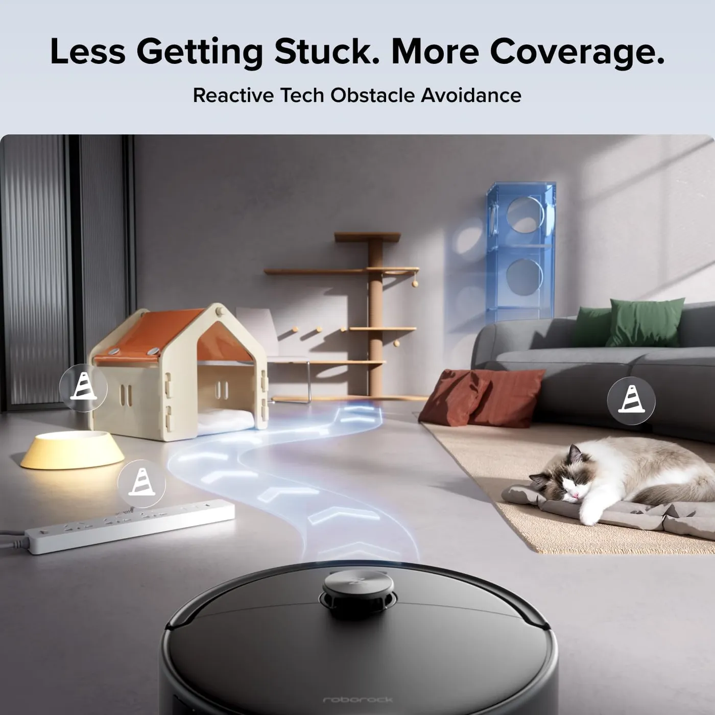Roborock Qrevo 2 Pro robot vacuum in a living room with a sleeping cat, infographic of the obstacle avoidance claim