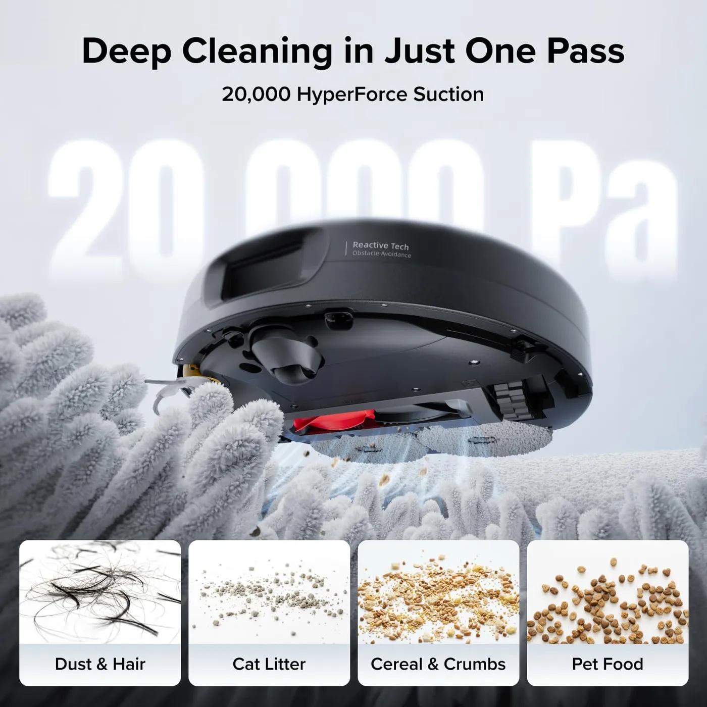 Roborock Qrevo 2 Pro robot vacuum underside over carpet fibers, infographic of the 20,000Pa suction claim and debris types