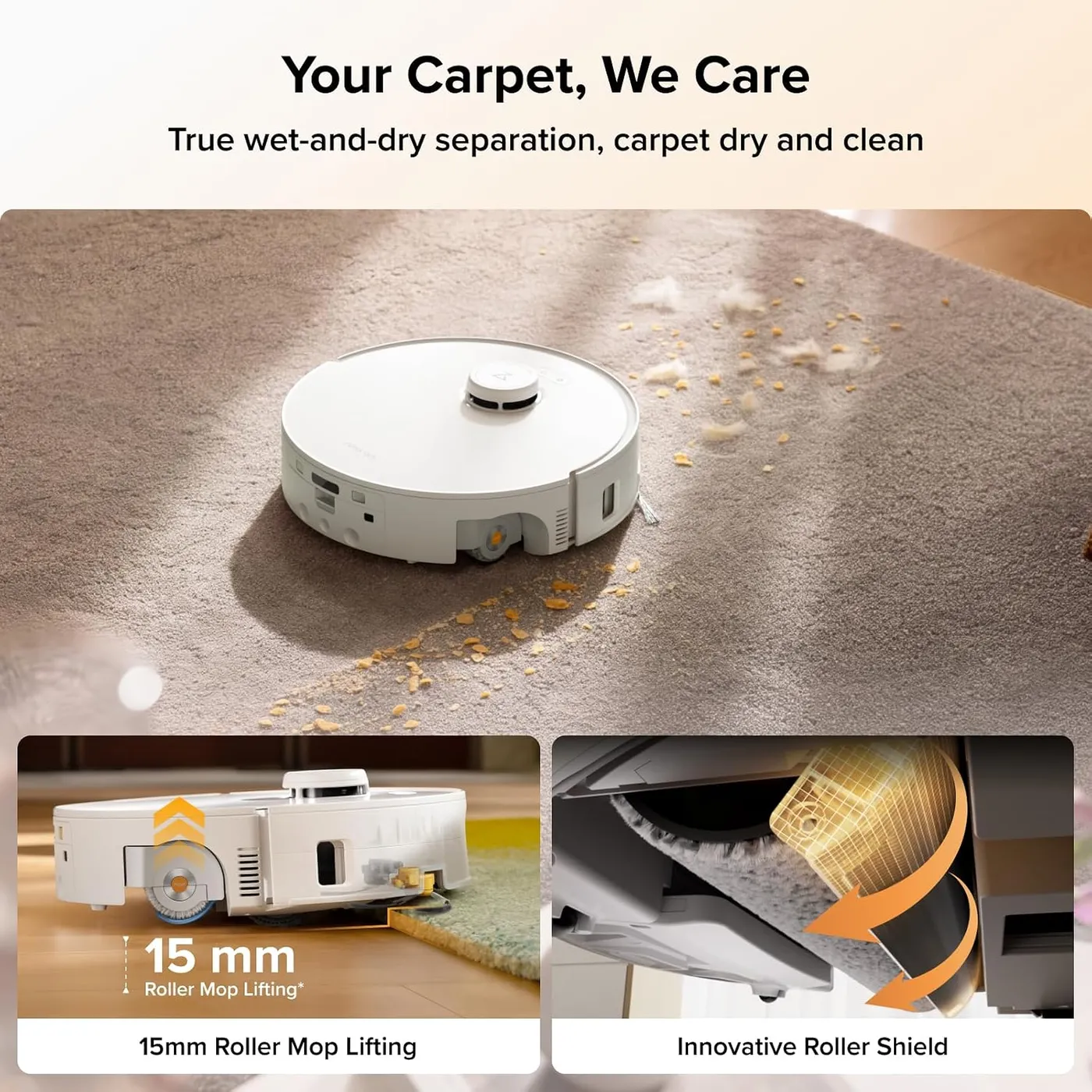 Roborock Qrevo Curv 2 Flow Robot Vacuum and Mop on a beige carpet with crumbs, insets of mop lift and roller shield claims