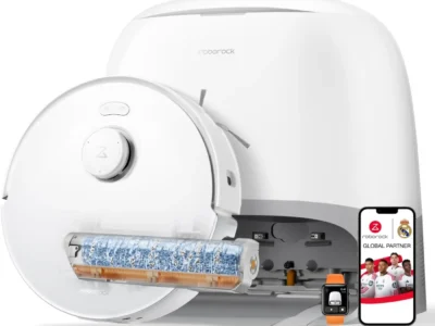 Roborock Qrevo Curv 2 Flow Robot Vacuum and Mop, white, in front of its dock with a roller mop cutaway