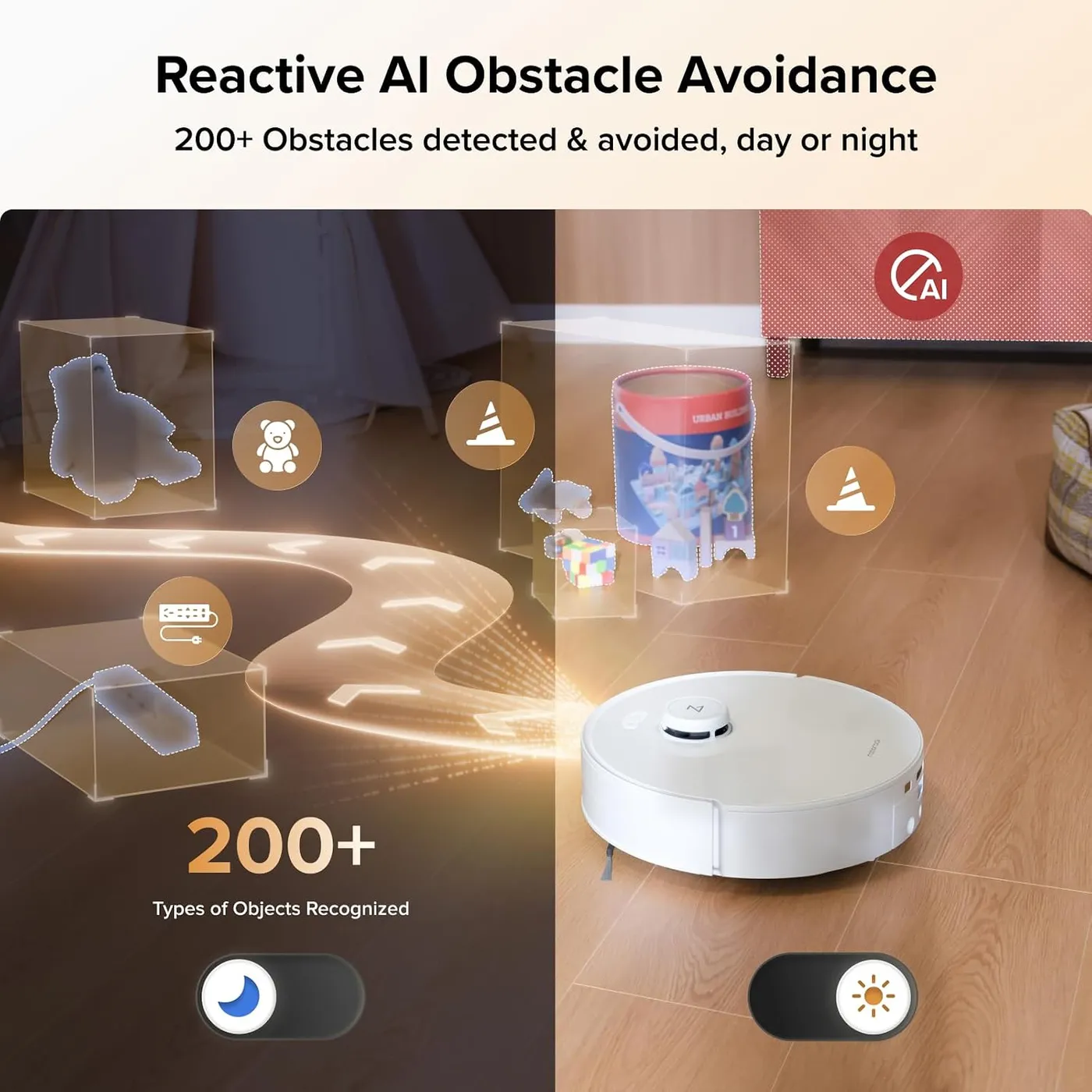 Roborock Qrevo Curv 2 Flow Robot Vacuum and Mop on wood floor, infographic of the claimed day and night obstacle avoidance