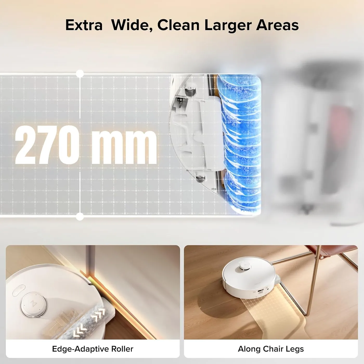 Roborock Qrevo Curv 2 Flow Robot Vacuum and Mop infographic of the claimed 270 mm roller width, edge and chair-leg insets