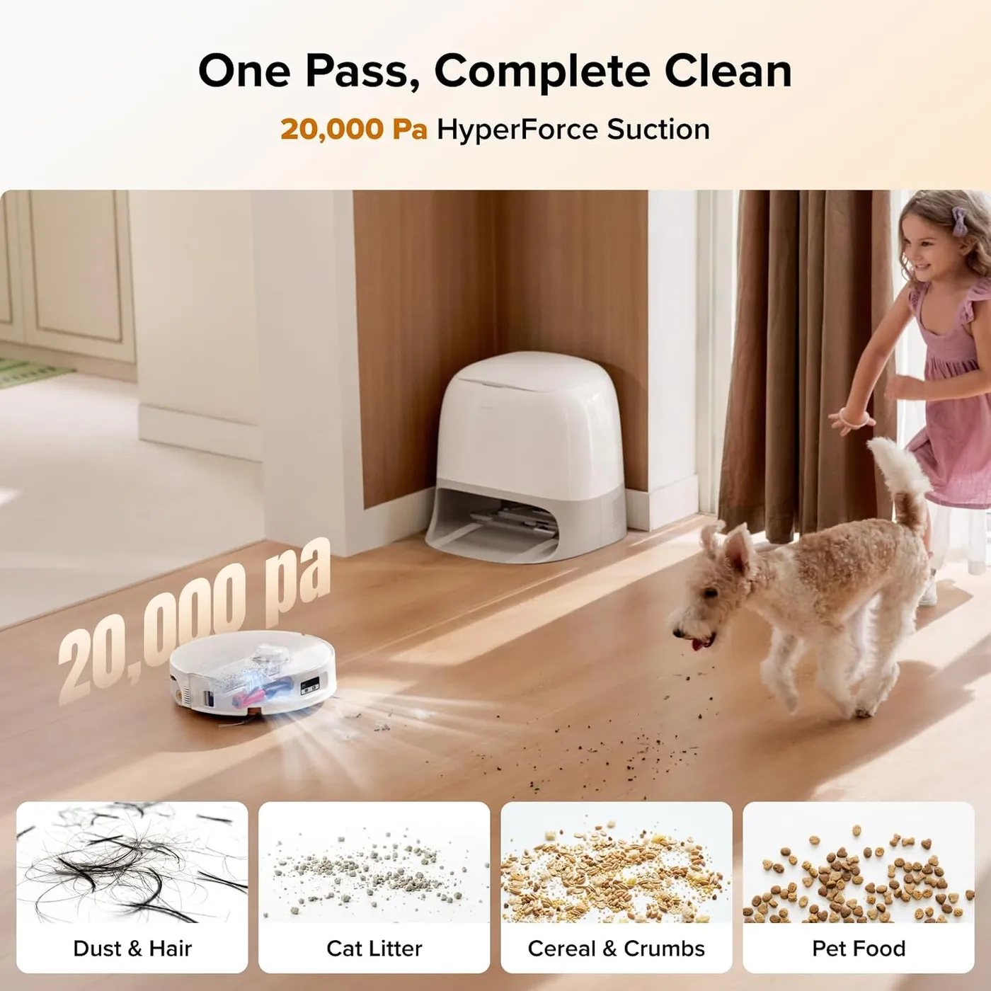 Roborock Qrevo Curv 2 Flow Robot Vacuum and Mop on hardwood near its dock, infographic of the 20,000 Pa suction claim