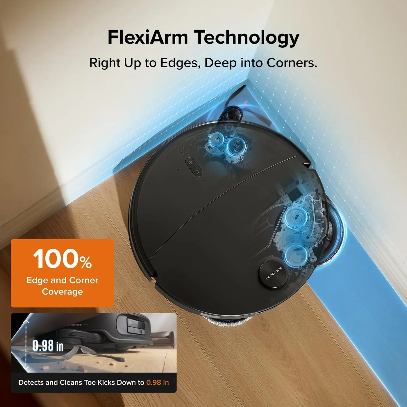 Roborock Qrevo Edge 2 Robot Vacuum and Mop top-down in a room corner, FlexiArm edge-cleaning infographic
