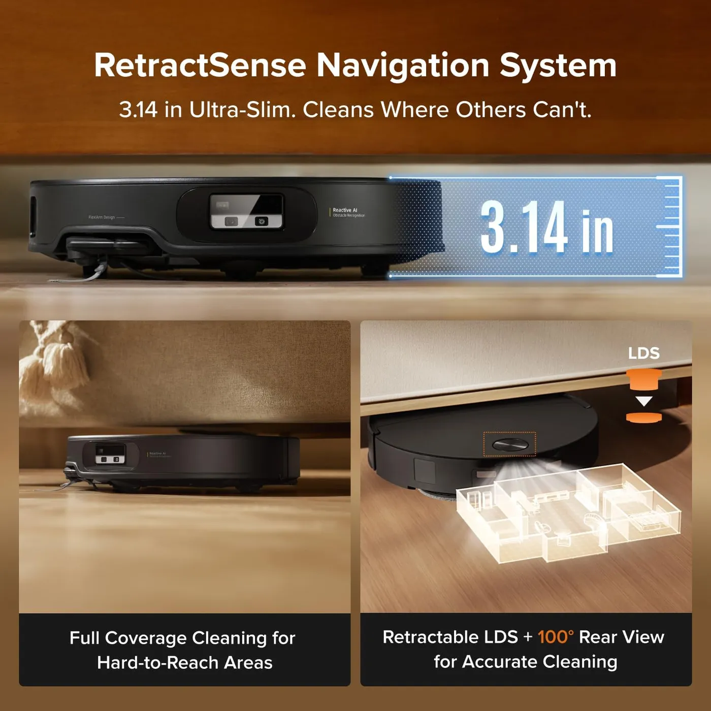 Roborock Qrevo Edge 2 Robot Vacuum and Mop infographic of the 3.14 in height claim, shown sliding under furniture