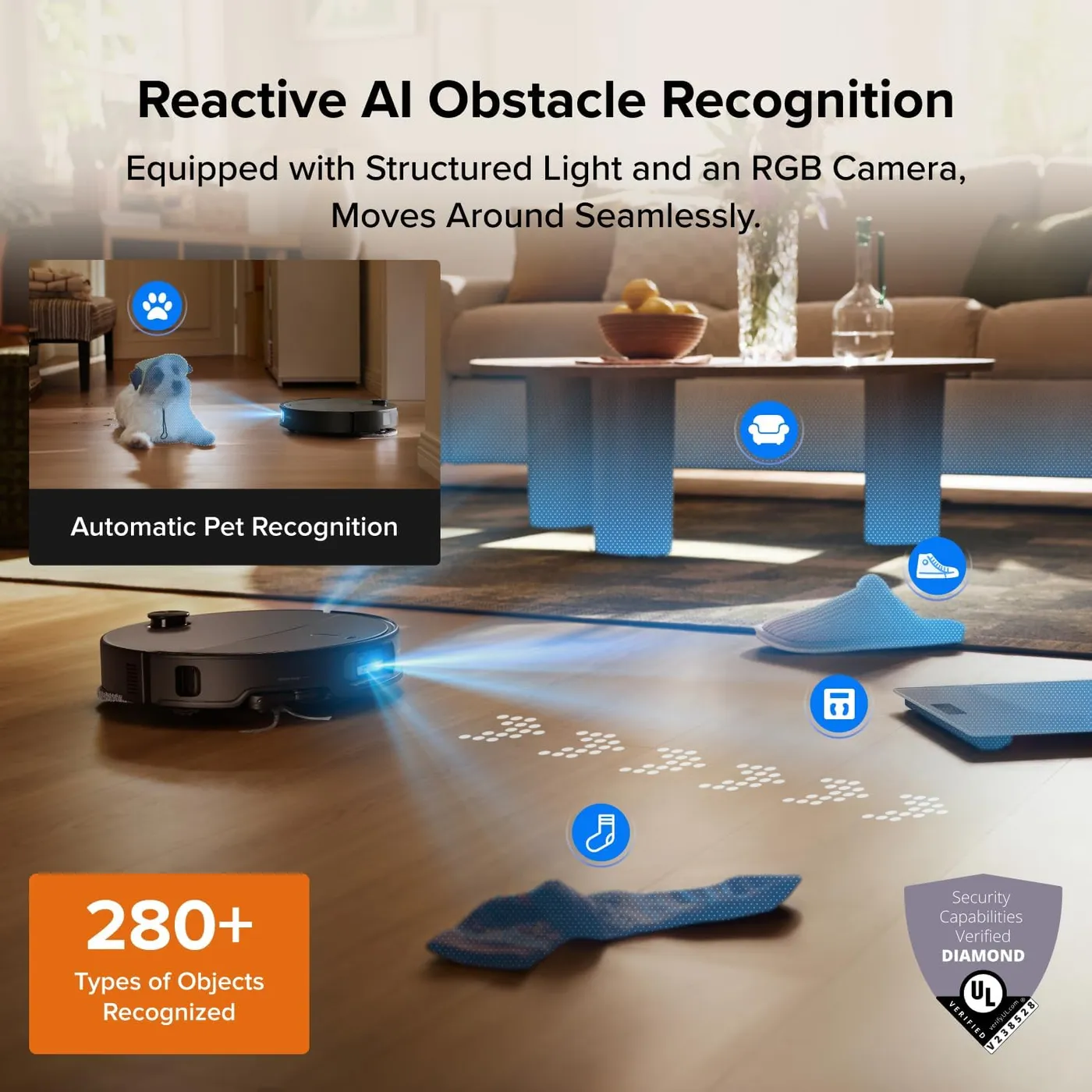 Roborock Qrevo Edge 2 Robot Vacuum and Mop obstacle recognition infographic: a sock and slipper on a living room floor
