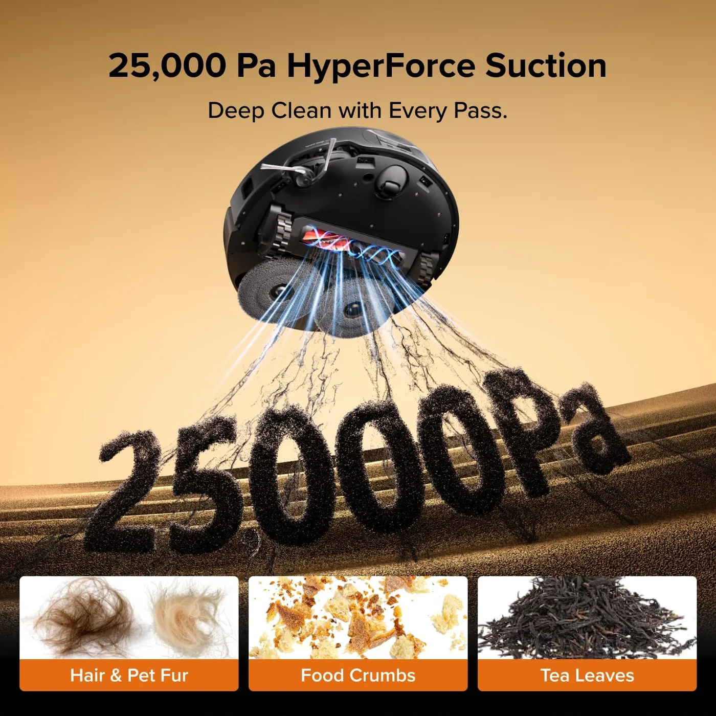 Roborock Qrevo Edge 2 Robot Vacuum and Mop tilted underside in an infographic of the 25,000 Pa suction claim lifting debris