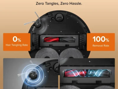 Roborock Qrevo Edge 2 Robot Vacuum and Mop underside with side brush, main brush and mop pads, anti-tangle infographic