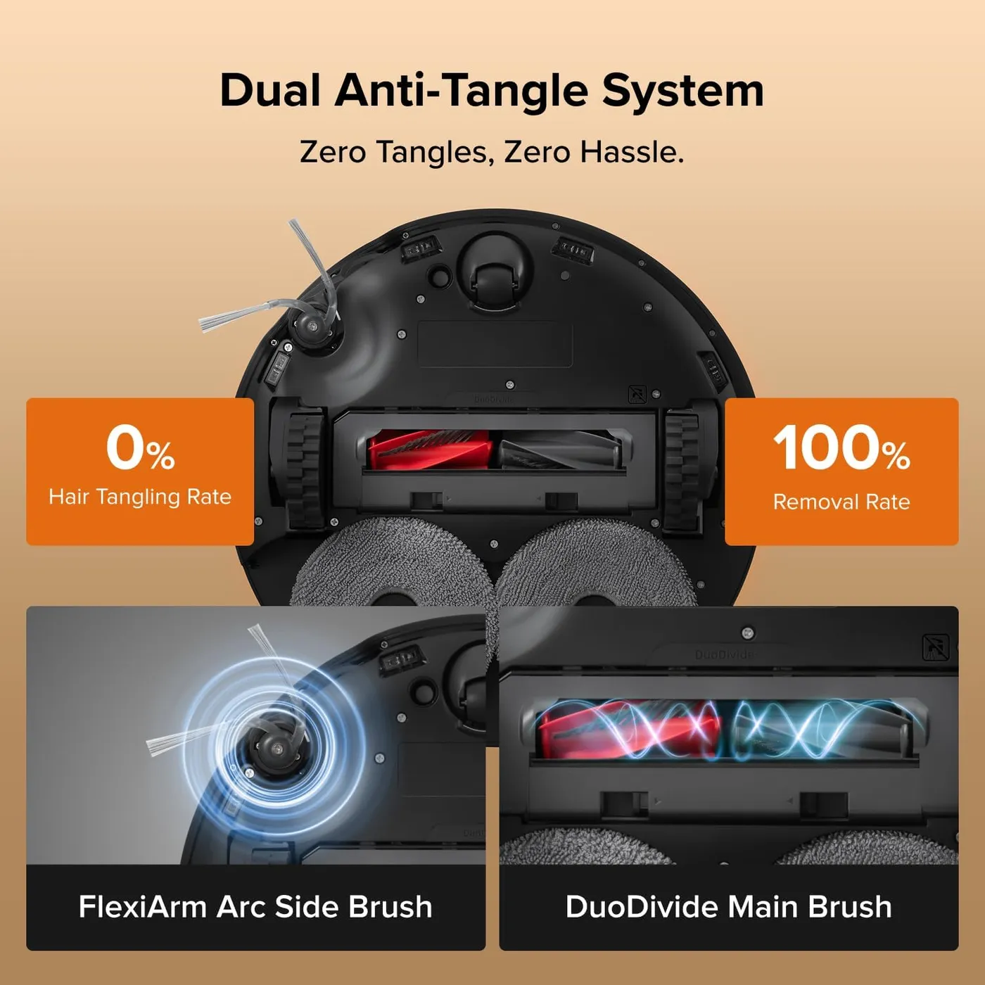 Roborock Qrevo Edge 2 Robot Vacuum and Mop underside with side brush, main brush and mop pads, anti-tangle infographic