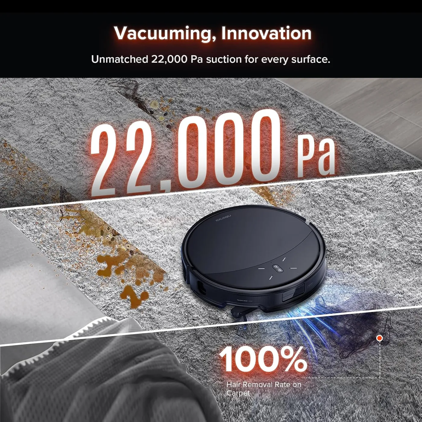 Roborock Saros 10R on a grey carpet with 22,000 Pa suction and hair-removal graphics