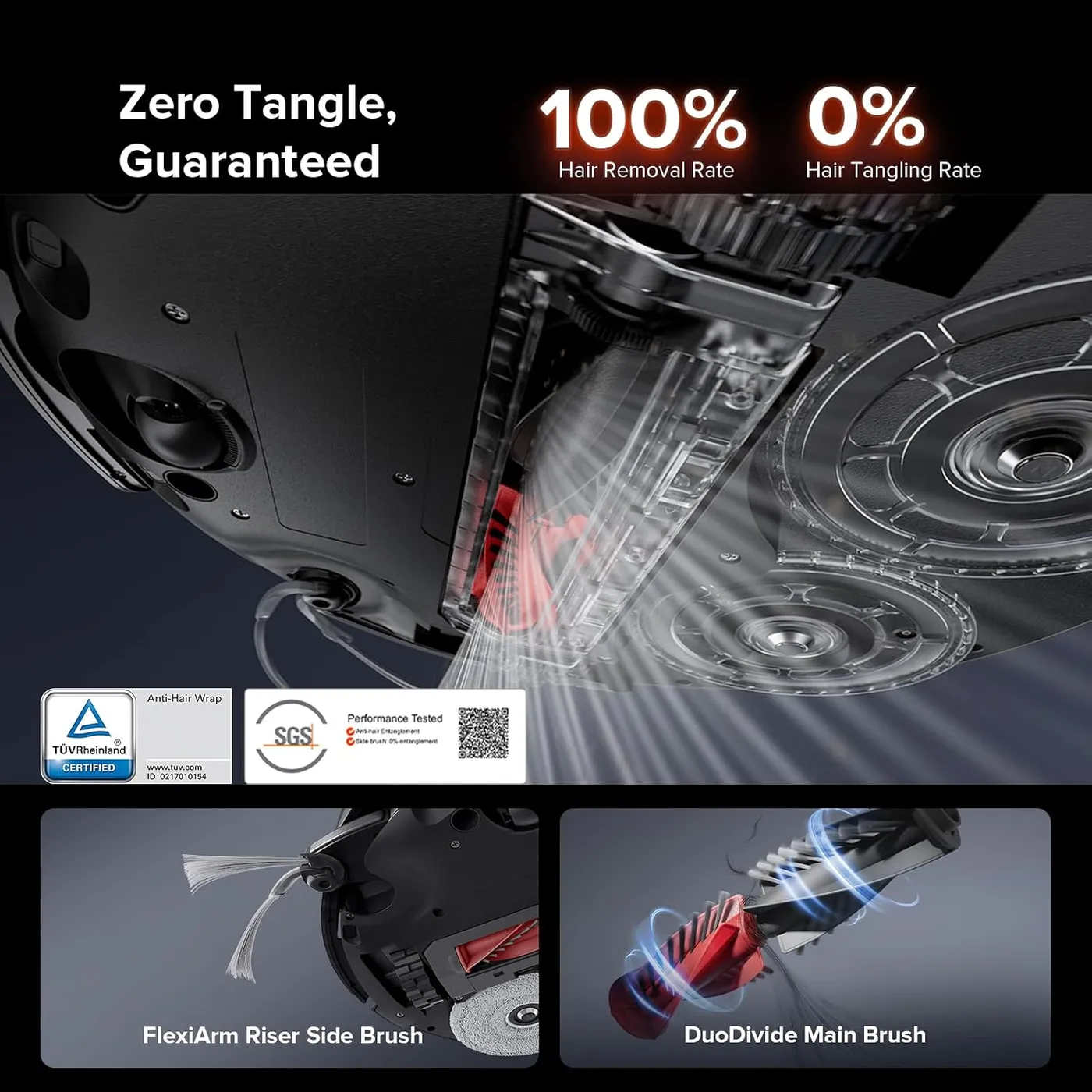Underside of the Roborock Saros 10R: DuoDivide main brush, FlexiArm Riser side brush and anti-tangle certification badges