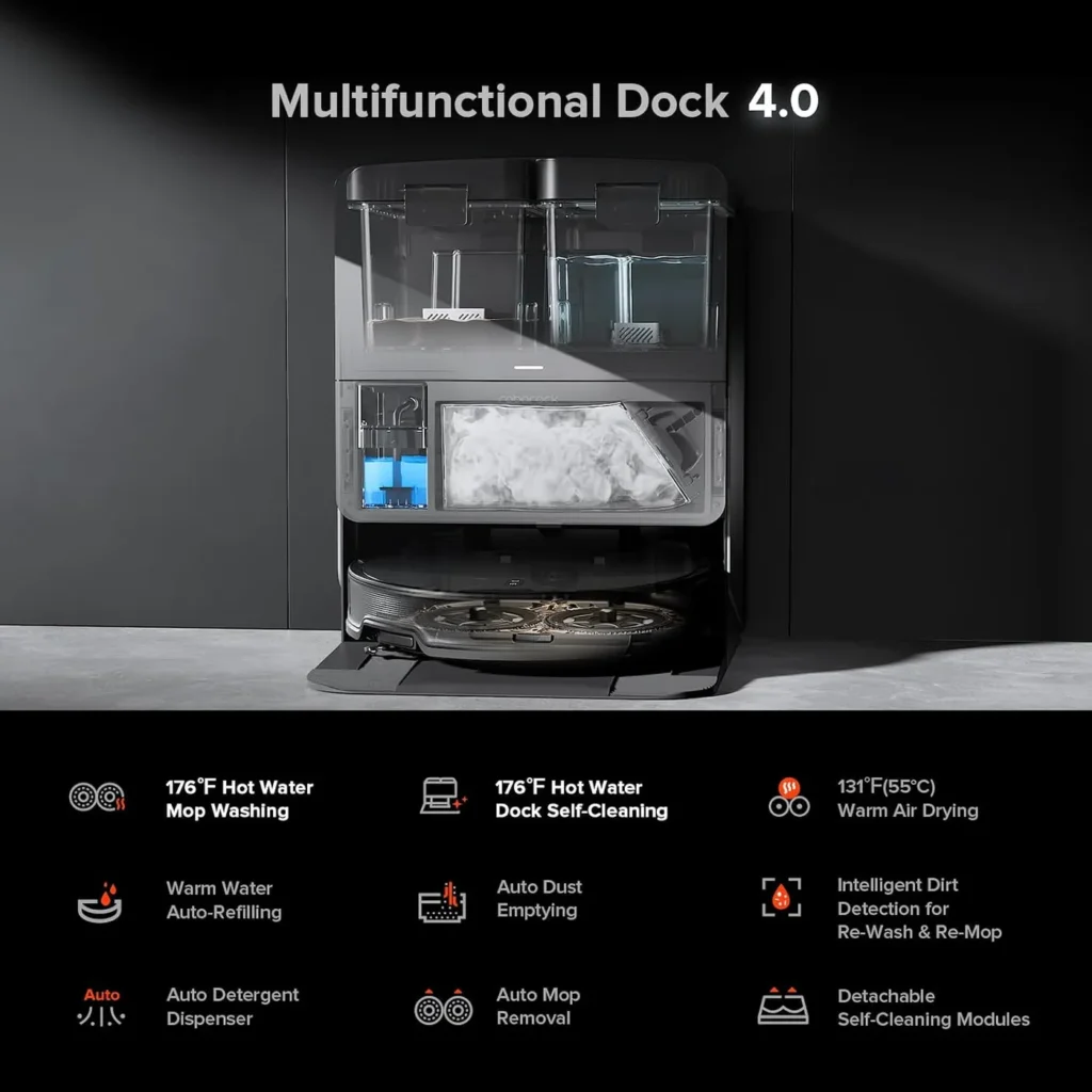Roborock Saros 10R Multifunctional Dock 4.0 cutaway showing the water tanks, dust bag and detergent cartridge
