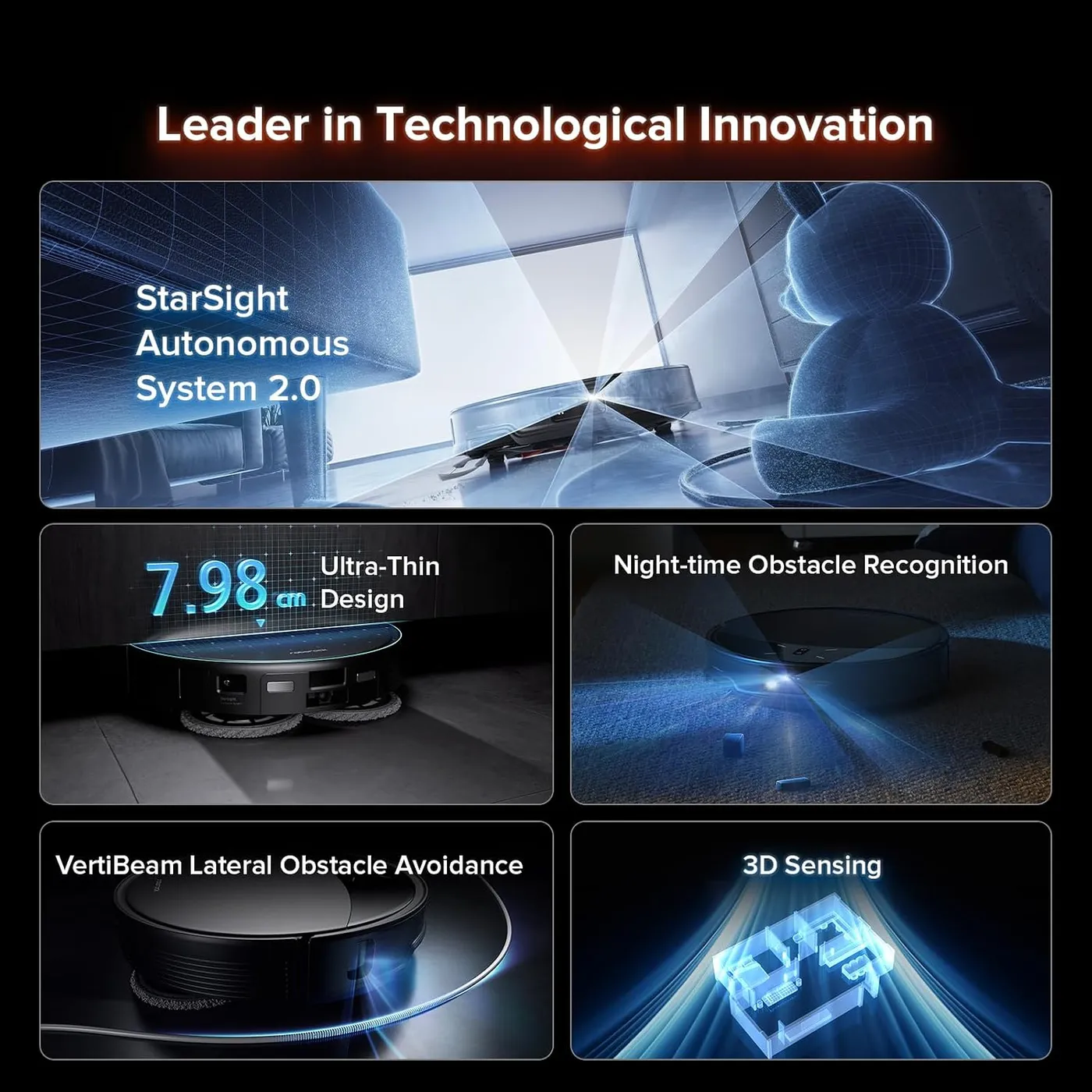 Roborock Saros 10R StarSight 2.0 navigation panel: 7.98 cm body, night-time obstacle recognition, VertiBeam and 3D sensing