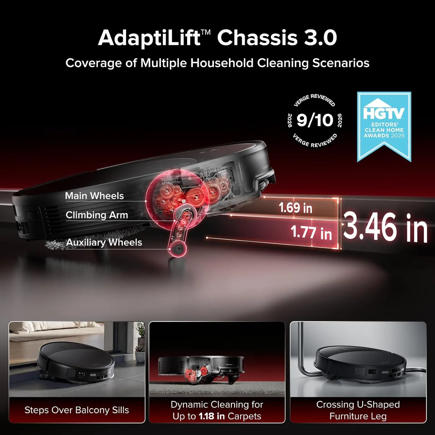 Roborock Saros 20 Robot Vacuum and Mop infographic of the claimed 3.46 in obstacle climb, with climbing arm callouts