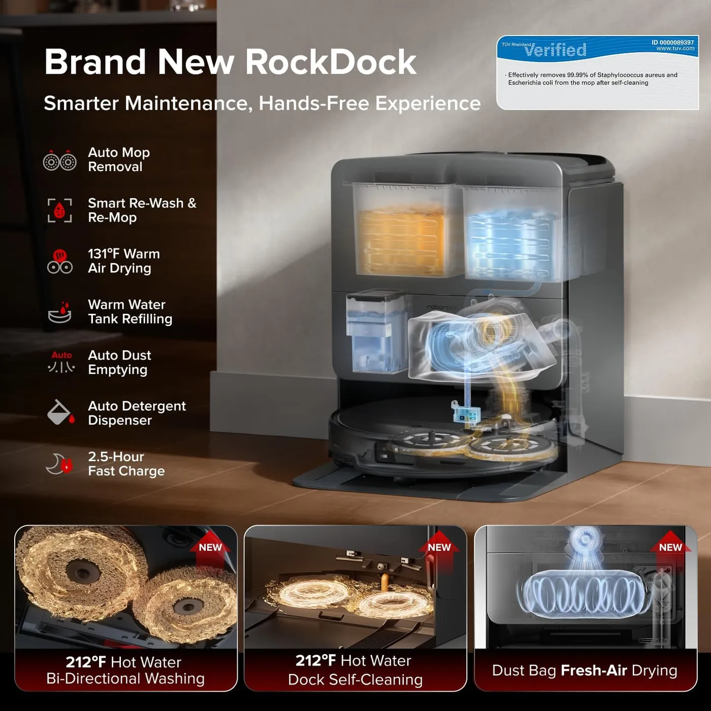 Roborock Saros 20 Robot Vacuum and Mop cutaway dock on a wood floor, callouts for tanks, mop washing and drying claims