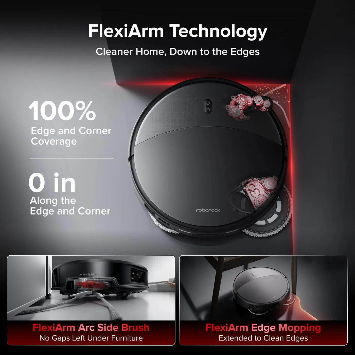 Roborock Saros 20 Robot Vacuum and Mop top-down in a corner, infographic of edge side brush and mop reach claims