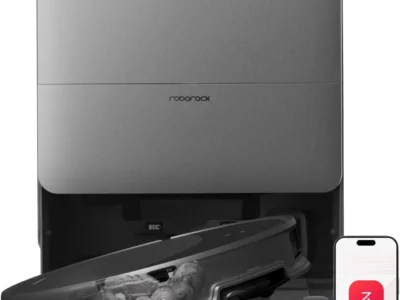 Roborock Saros 20 Robot Vacuum and Mop in its dark gray dock, cutaway wheel view, with smartwatch and phone app