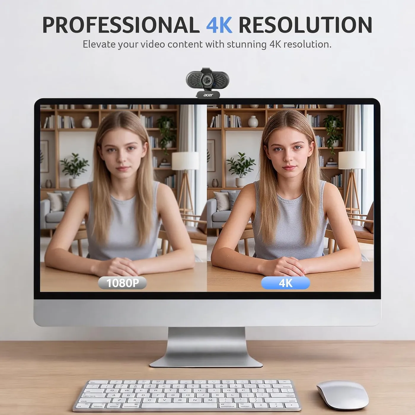 Webcam on top of a desktop monitor above a split 1080P versus 4K comparison of a seated woman, per the maker's claim