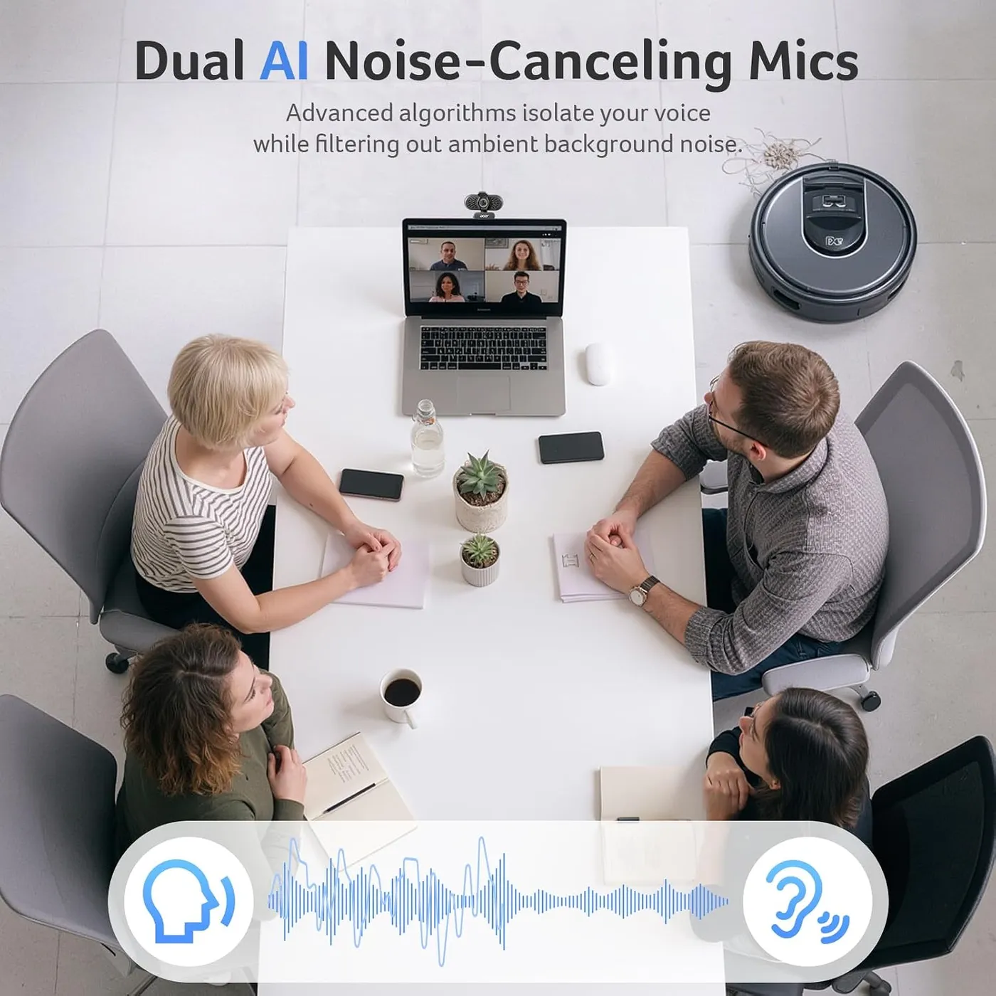 Top-down meeting table scene with a laptop-mounted webcam, under a dual AI noise-canceling mics claim and sound-wave graphic
