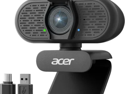 Acer A640 4K webcam front view with raised lens shutter, clip stand, USB-A cable and USB-C adapter