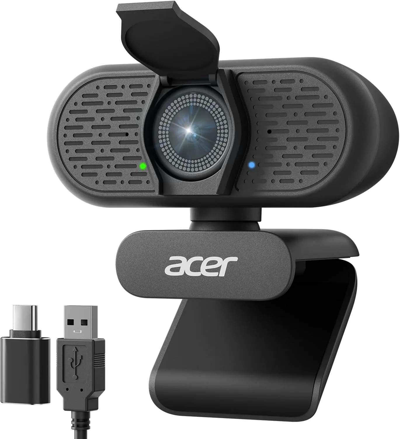 Acer A640 4K webcam front view with raised lens shutter, clip stand, USB-A cable and USB-C adapter