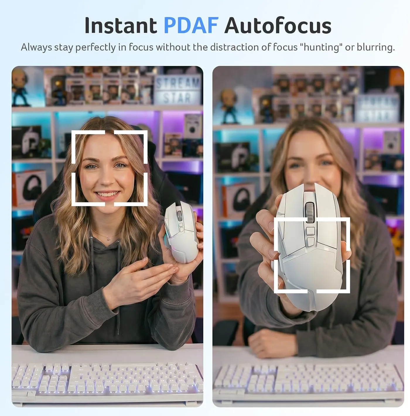 Side-by-side of a smiling woman holding a white mouse, with focus boxes on her face and on the mouse, labeled instant PDAF autofocus