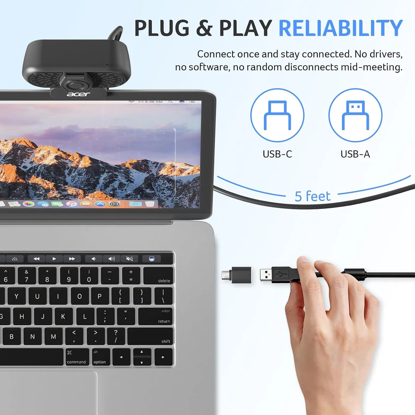Webcam clipped on a laptop screen with a hand plugging in the USB-A cable and USB-C adapter, 5 feet cable noted