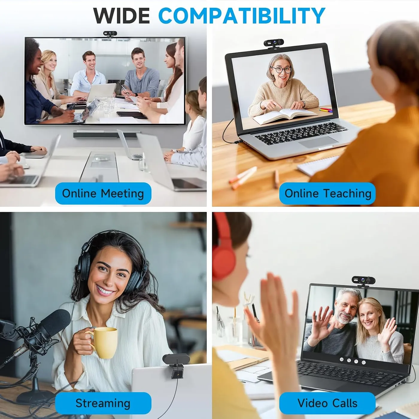 Four-panel collage of the webcam in use for an online meeting, online teaching, streaming and video calls