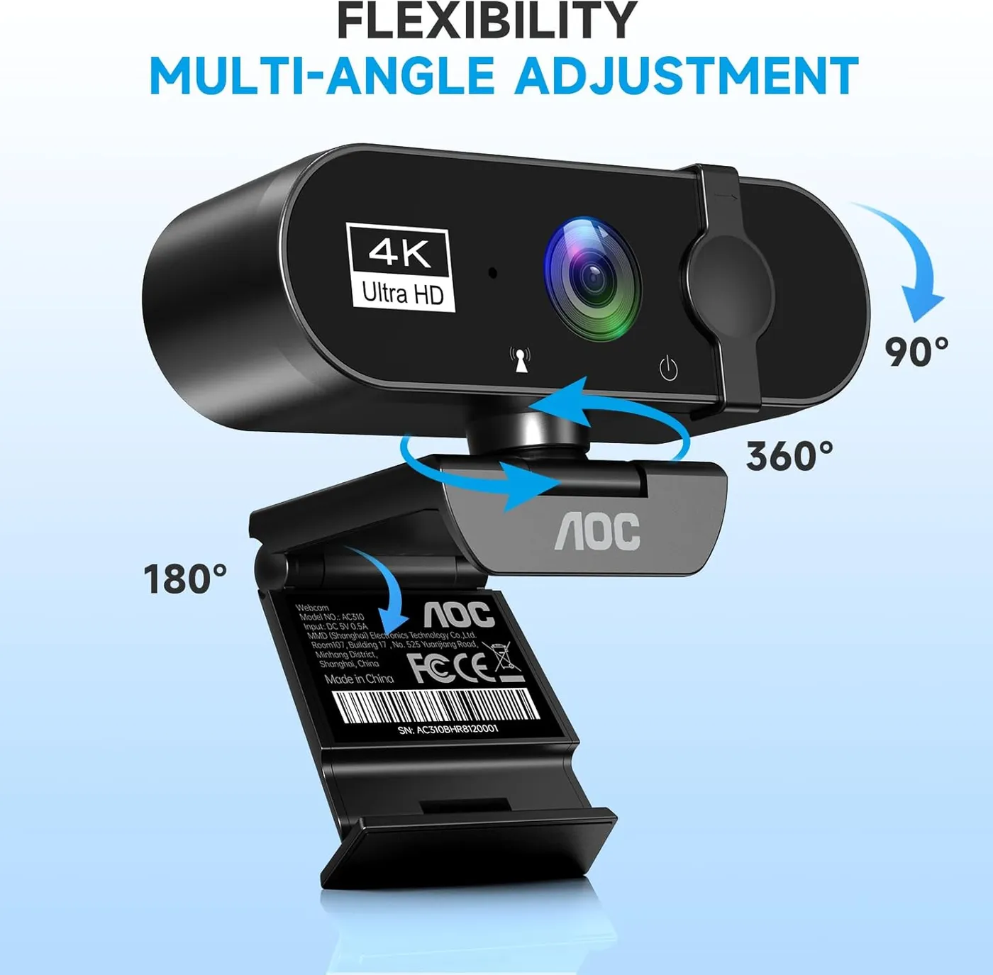 Webcam with arrows marking 90, 180 and 360 degree adjustment of the lens head and fold-out clip