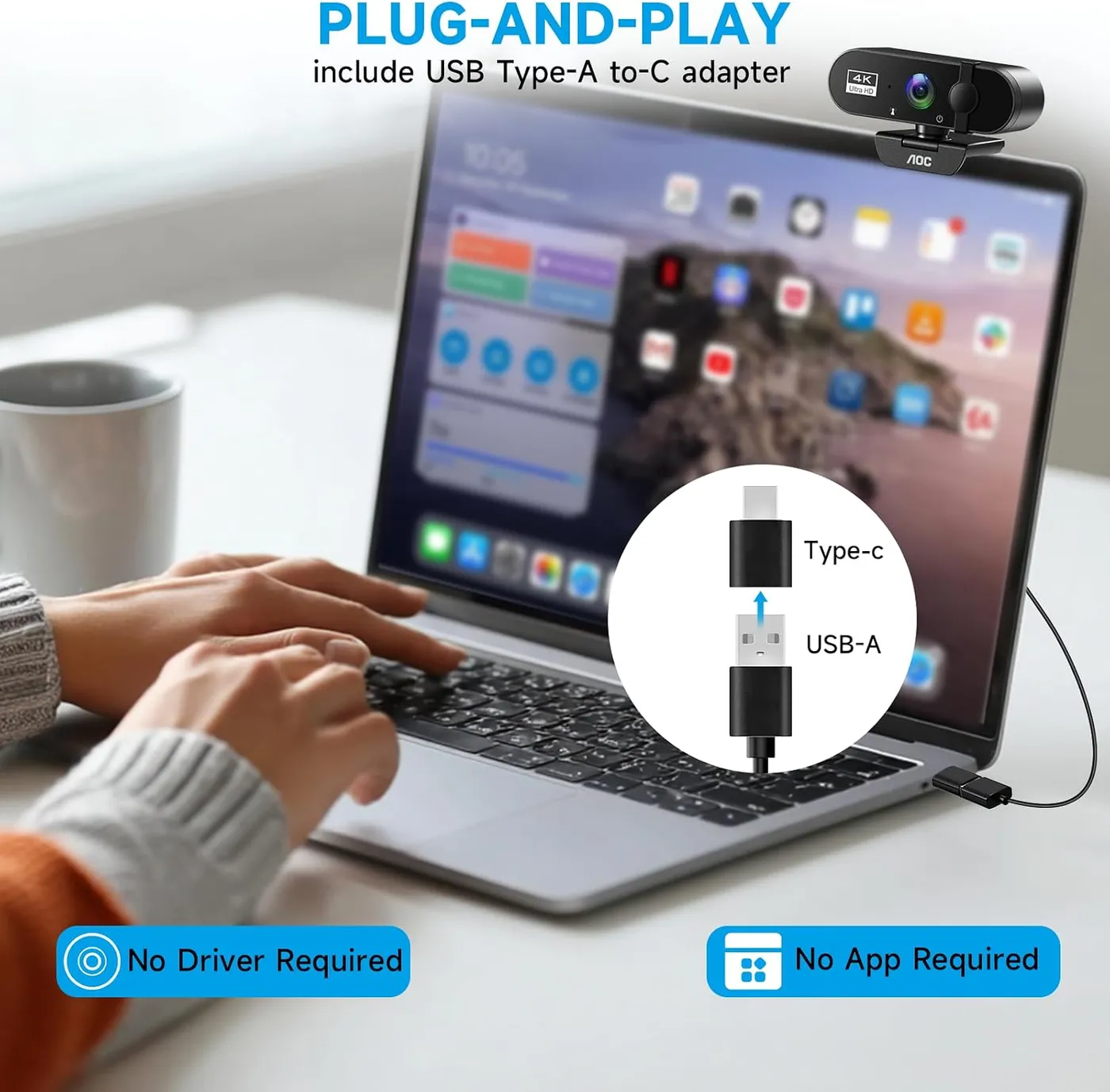 Webcam clipped to a laptop screen beside hands typing, with a USB-A to USB-C adapter inset and no-driver, no-app callouts