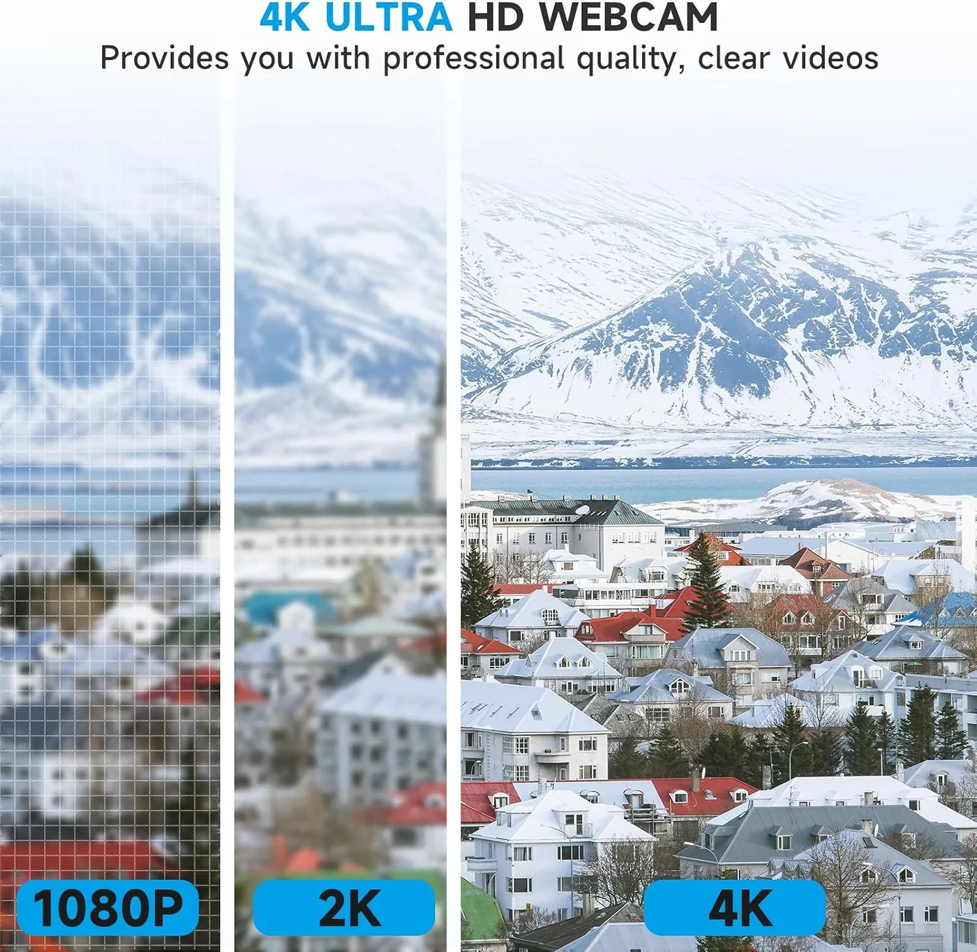 Three vertical strips of a snowy hillside town at 1080P, 2K and 4K, showing the maker's resolution claim