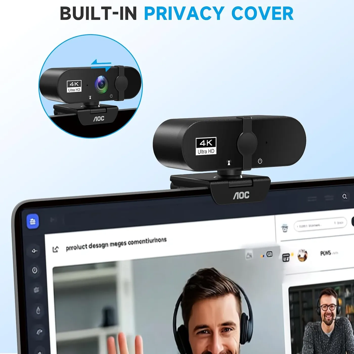 Webcam on a monitor edge with its sliding privacy cover closed over the lens, and an inset showing the cover open