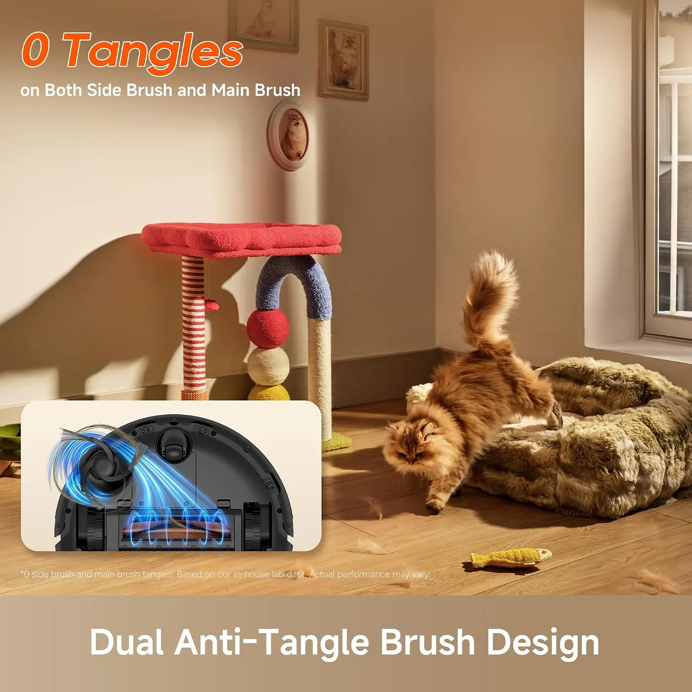 Dreame D20 Air Plus brush underside inset over a room with a cat, infographic of the dual anti-tangle brush claim