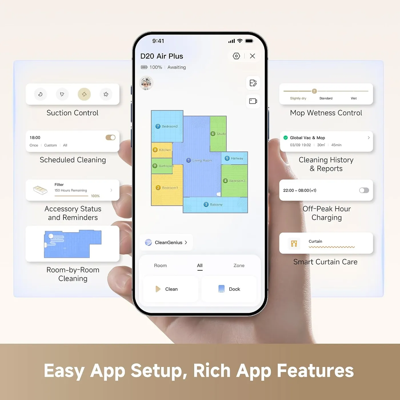 Dreame D20 Air Plus app screen on a phone in hand showing a room map and suction, mop wetness and schedule controls