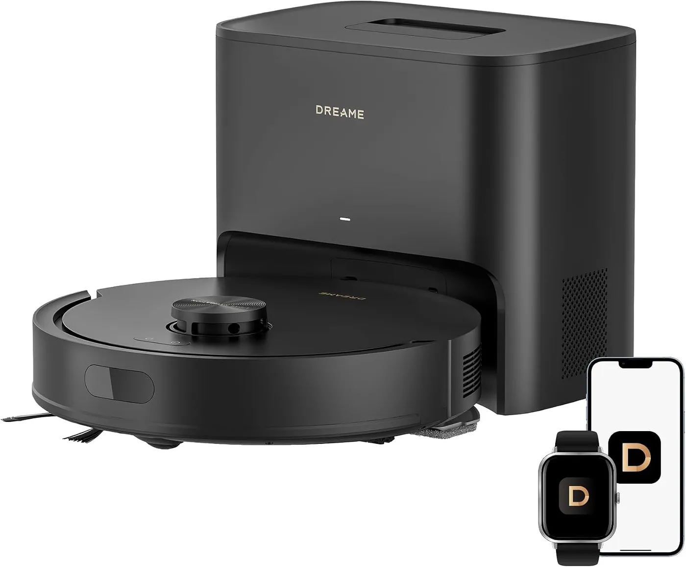 Dreame D20 Air Plus black robot vacuum docked at its tall self-empty station, with phone and watch app screens