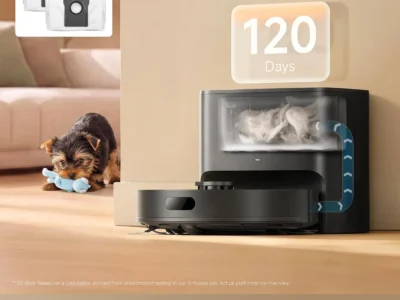 Dreame D20 Air Plus docked beside a sofa with a puppy nearby, infographic of the 120-day dust bag claim and two 4L bags
