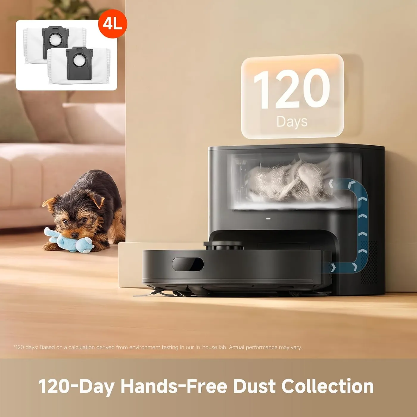Dreame D20 Air Plus docked beside a sofa with a puppy nearby, infographic of the 120-day dust bag claim and two 4L bags