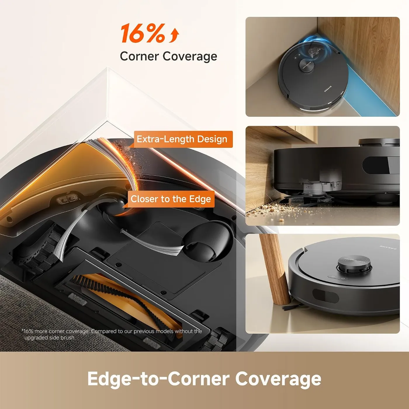 Dreame D20 Air Plus side brush close-up with three views along a baseboard, corner and table leg, edge coverage claim