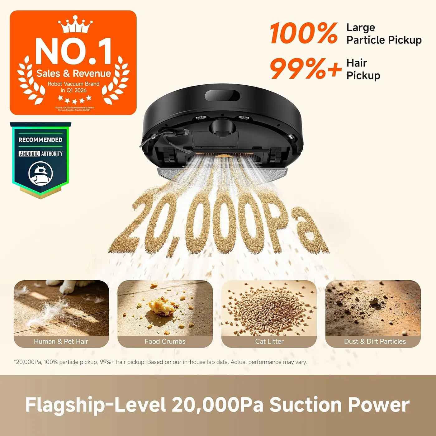 Dreame D20 Air Plus underside with infographic of the 20,000Pa suction claim and pickup of hair, crumbs and litter