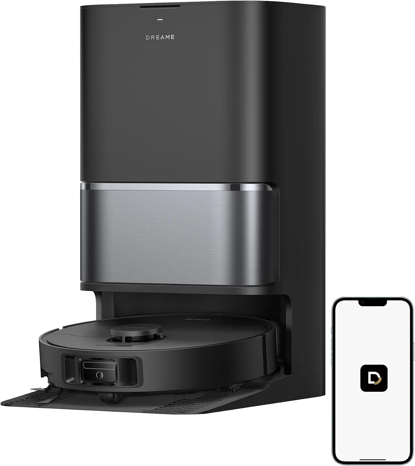 Dreame L40 Ultra Gen 2 black robot vacuum docked in its tall base station beside a phone showing the Dreame app icon