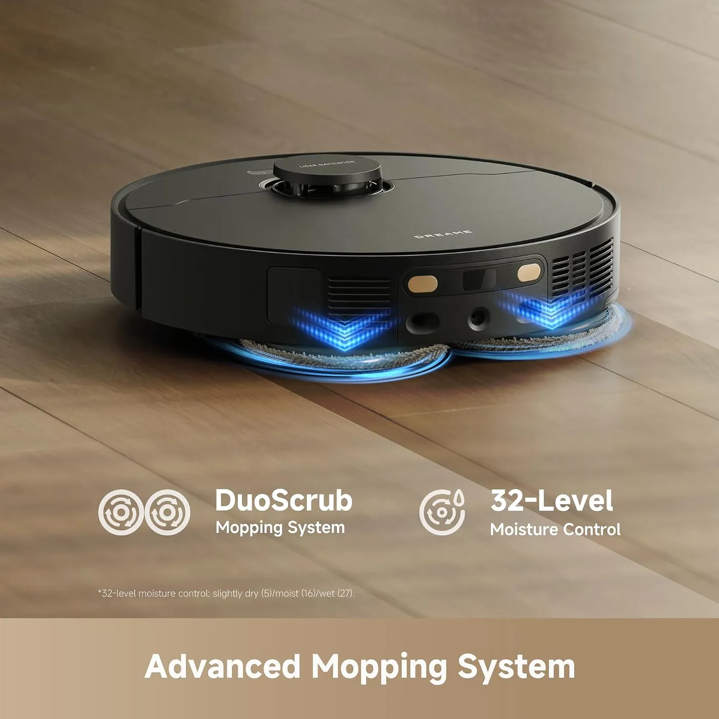Dreame L40 Ultra Gen 2 on a wood floor with two spinning mops, labeled DuoScrub and 32-level moisture control