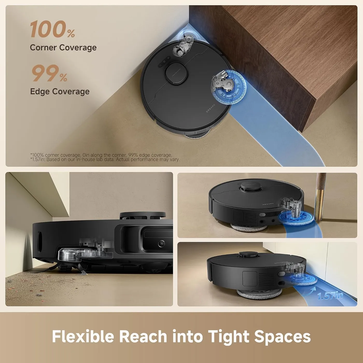 Dreame L40 Ultra Gen 2 in a corner and along furniture with extended mop and side brush, corner and edge coverage claims