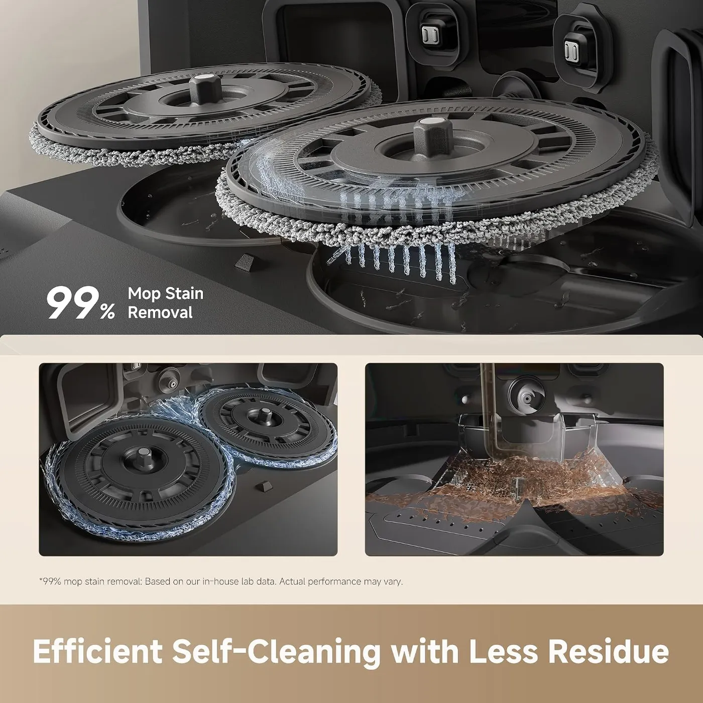 Dreame L40 Ultra Gen 2 dock interior with two round mop pads being washed, 99% mop stain removal claim